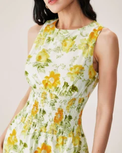 Green Floral Boat Neck Mini Dress
