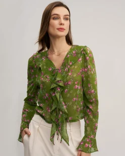 Green Floral Chiffon Ruffle Blouse