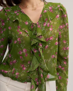 Green Floral Chiffon Ruffle Blouse