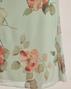 Green Floral Elastic Waist Straight Midi Skirt