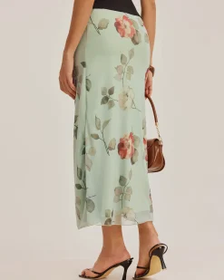 Green Floral Elastic Waist Straight Midi Skirt