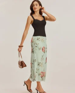 Green Floral Elastic Waist Straight Midi Skirt