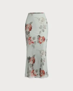 Green Floral Elastic Waist Straight Midi Skirt