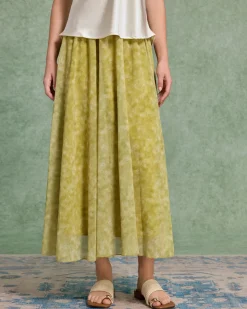 Green Floral Elastic Waist Midi Skirt