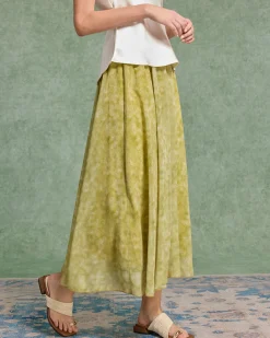 Green Floral Elastic Waist Midi Skirt