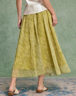 Green Floral Elastic Waist Midi Skirt