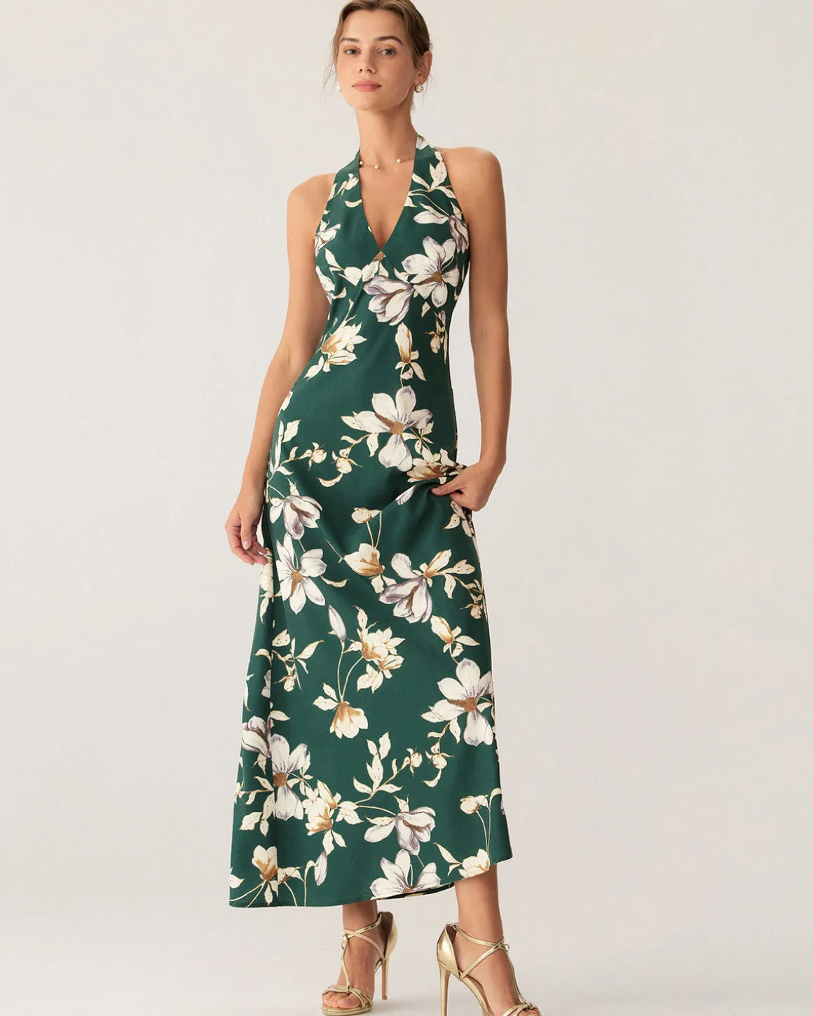 Green Floral Halter Maxi Dress