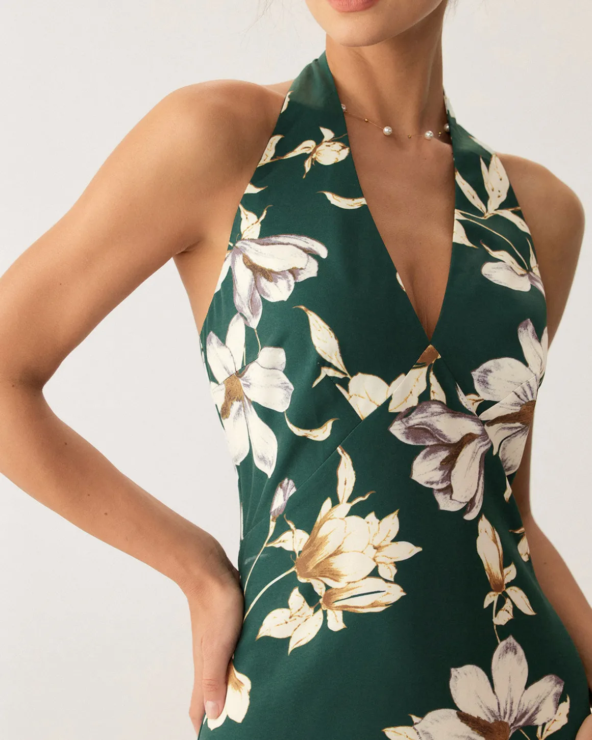 Green Floral Halter Maxi Dress
