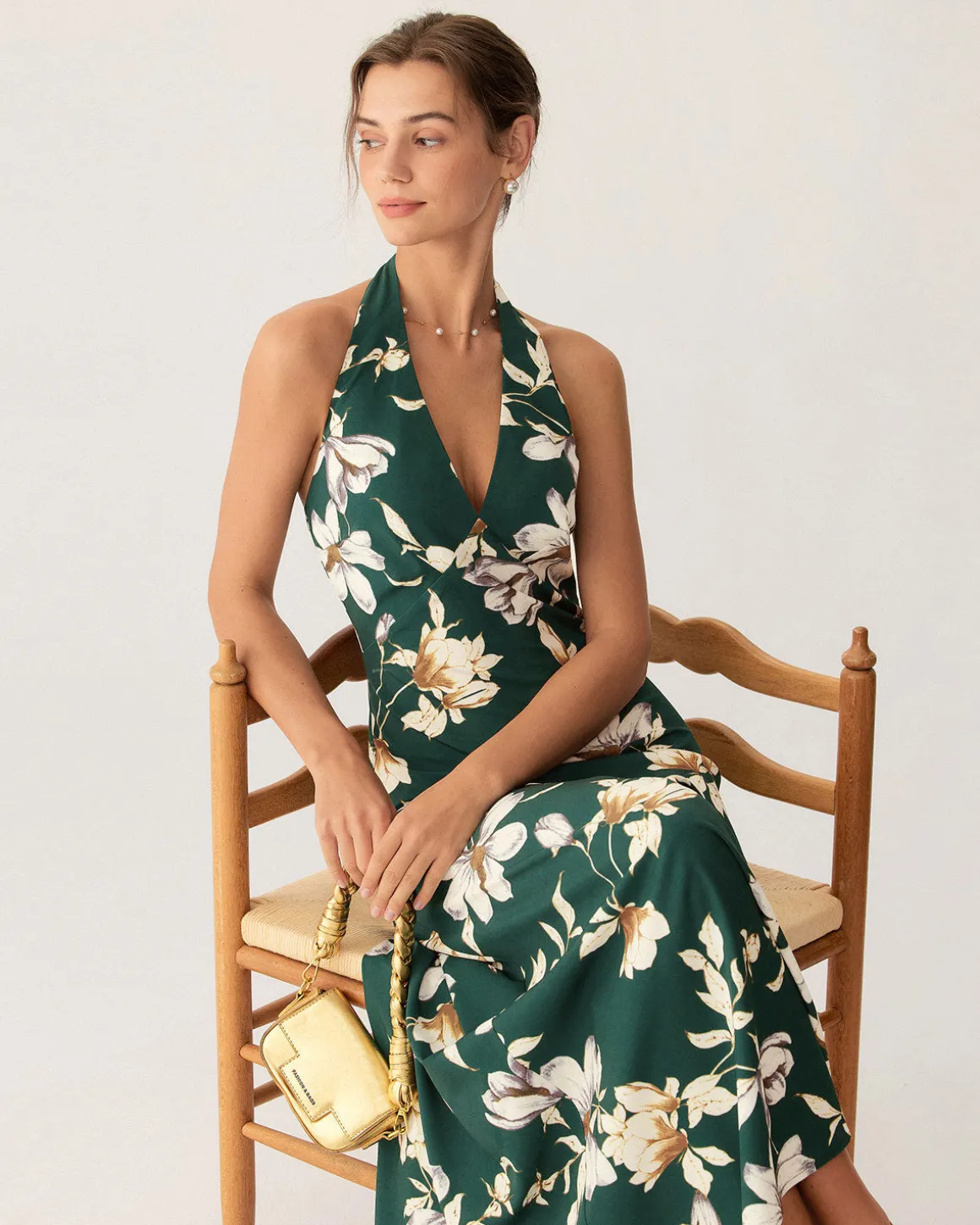 Green Floral Halter Maxi Dress
