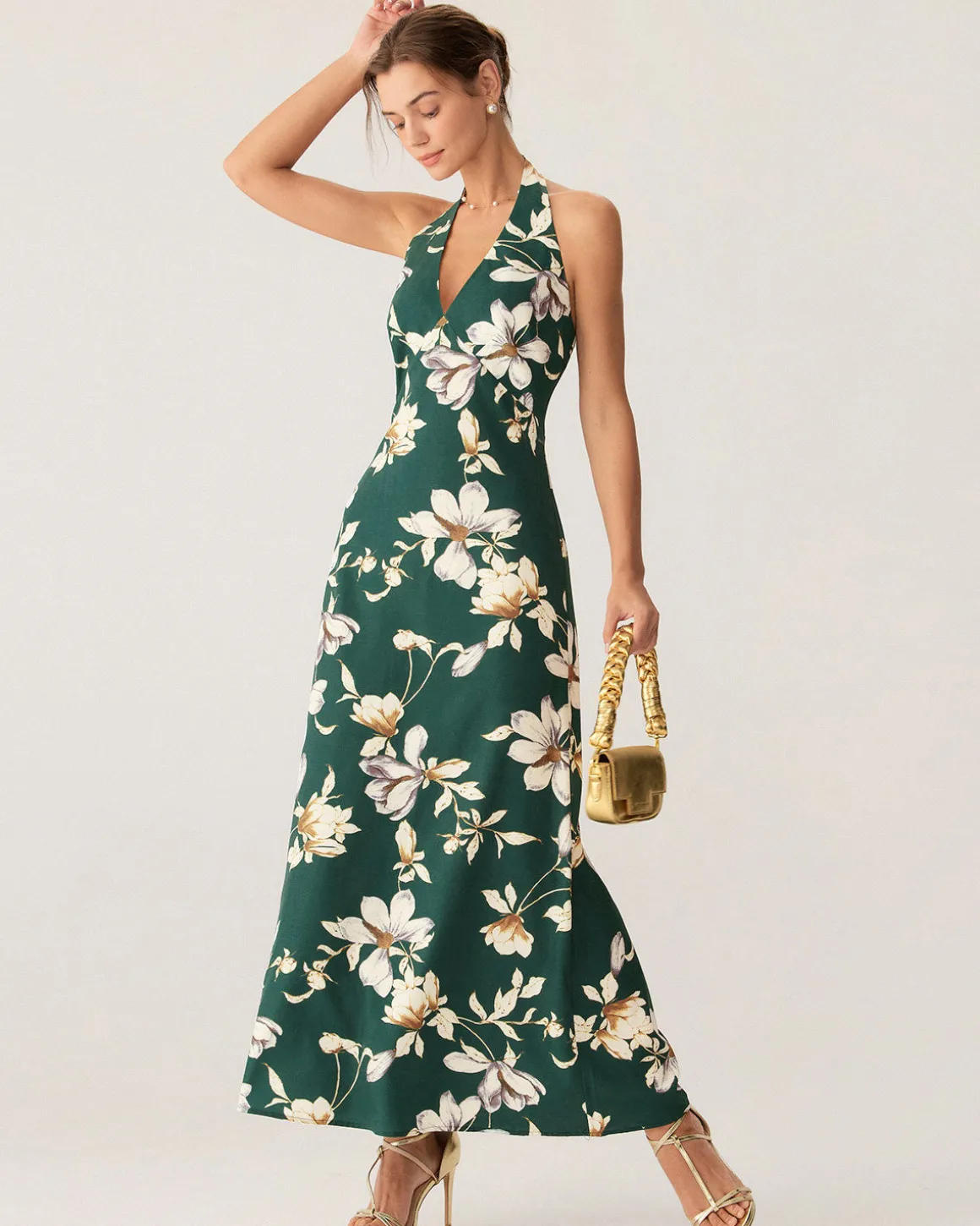 Green Floral Halter Maxi Dress