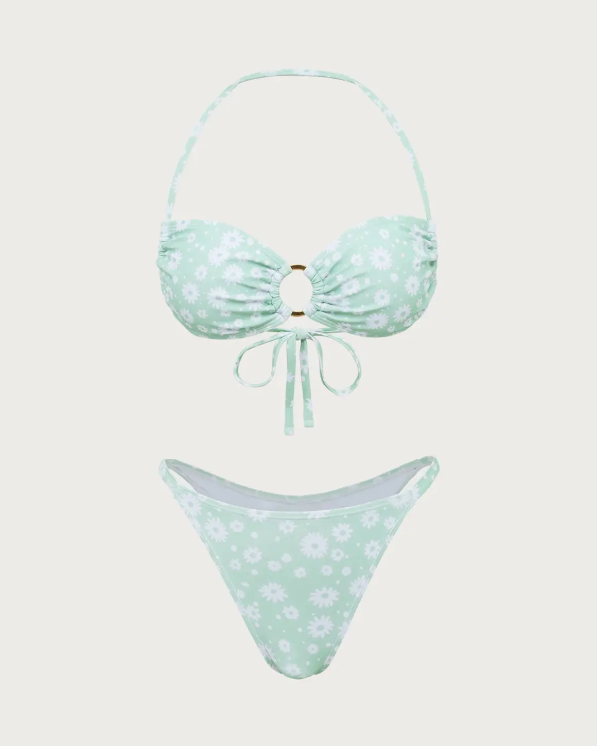 Green Floral O-Ring Halter Bikini Set