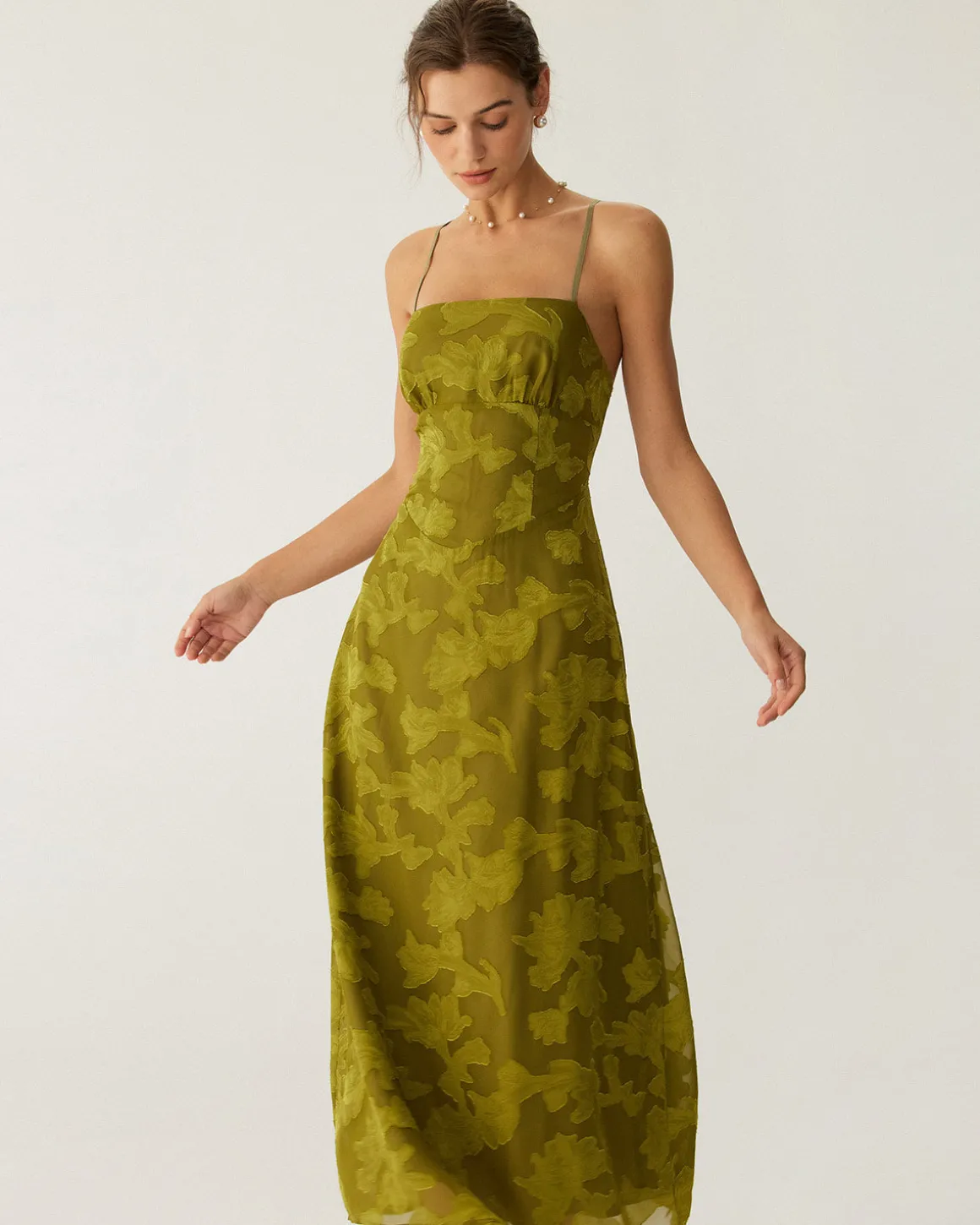 Green Floral Ruched Backless Slip Maxi Dress