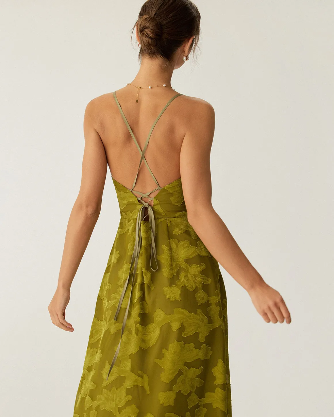 Green Floral Ruched Backless Slip Maxi Dress