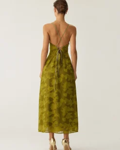 Green Floral Ruched Backless Slip Maxi Dress