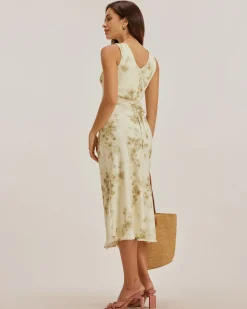 Green Floral Ruched Sleeveless Maxi Dress