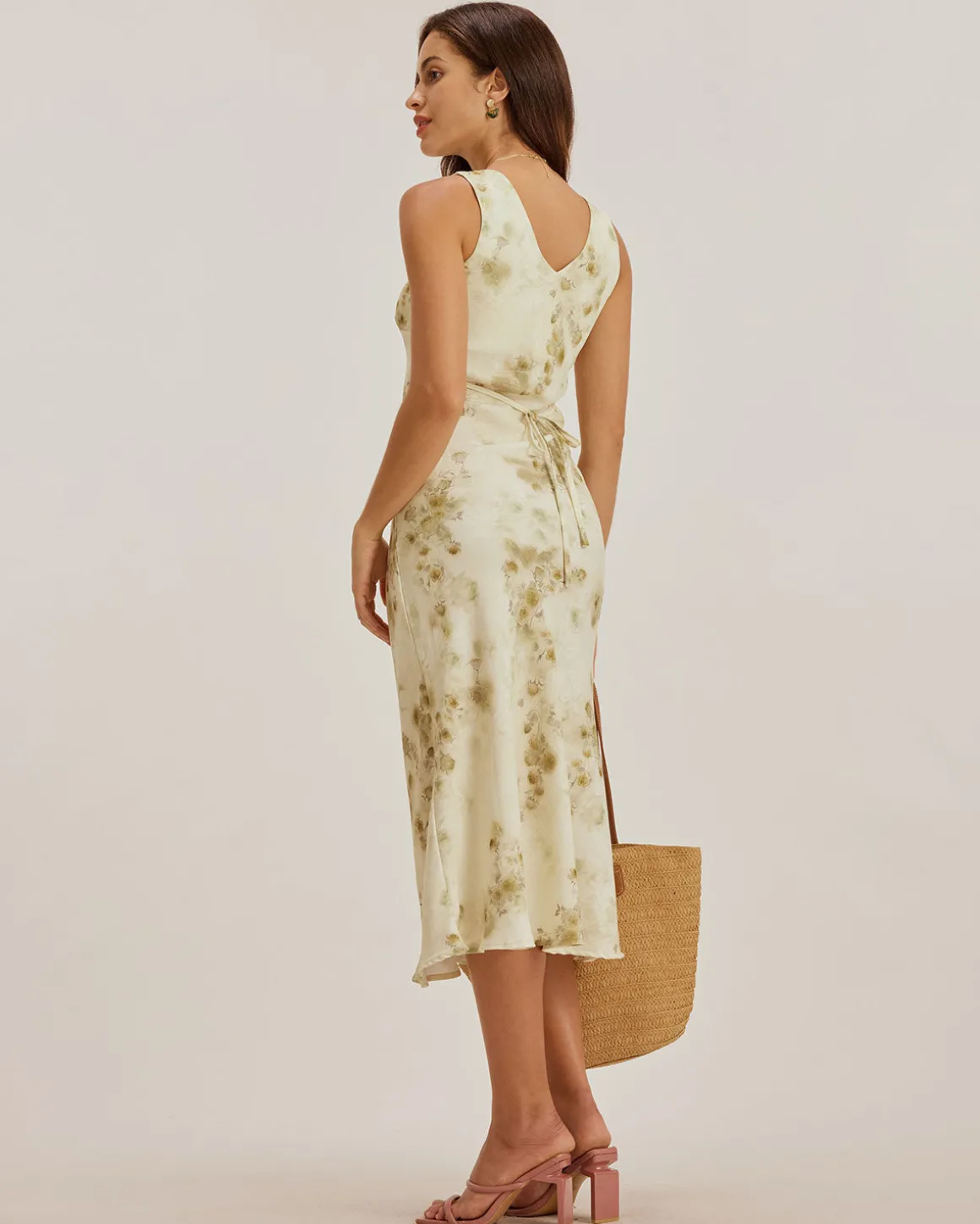 Green Floral Ruched Sleeveless Maxi Dress