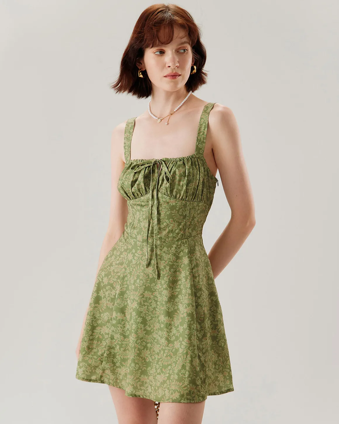 Green Floral Ruched Slip Mini Dress