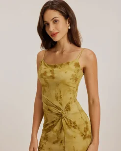 Green Floral Ruched Slip Midi Dress