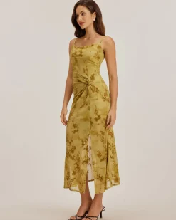 Green Floral Ruched Slip Midi Dress