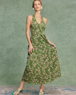 Green Floral Shirred Halter Maxi Dress