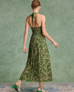 Green Floral Shirred Halter Maxi Dress