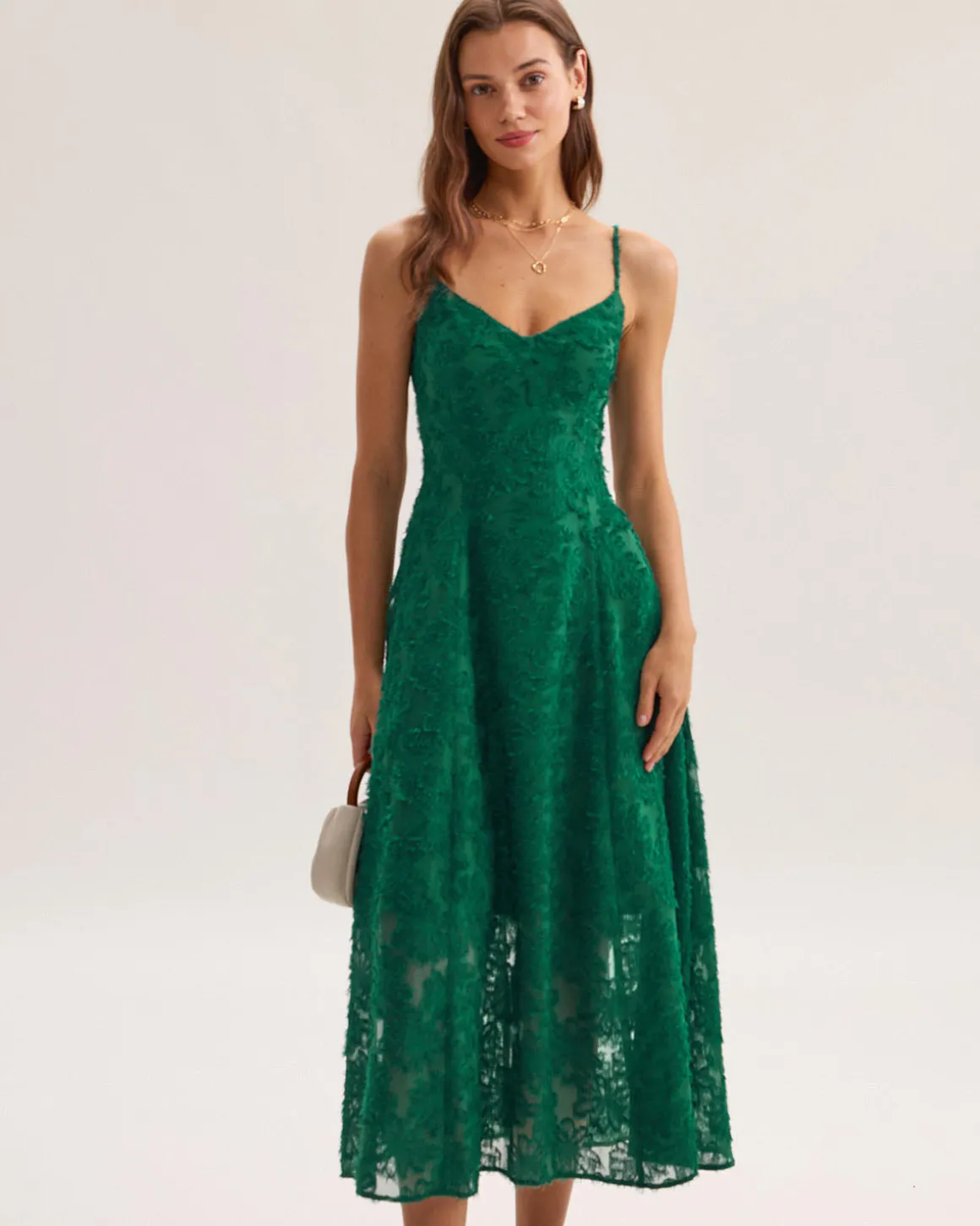 Green Floral Shirred Slip Midi Dress