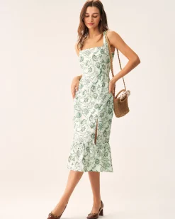 Green Floral Square Neck Midi Dress