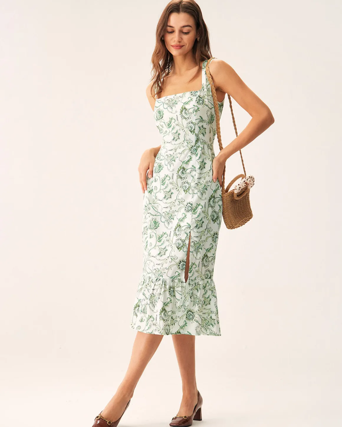 Green Floral Square Neck Midi Dress
