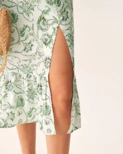 Green Floral Square Neck Midi Dress