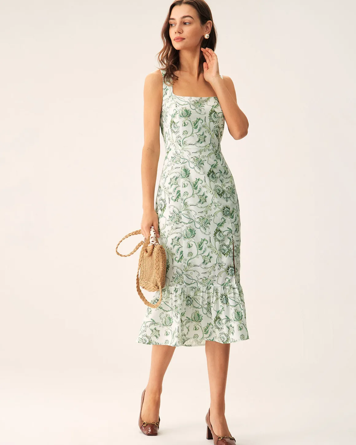 Green Floral Square Neck Midi Dress