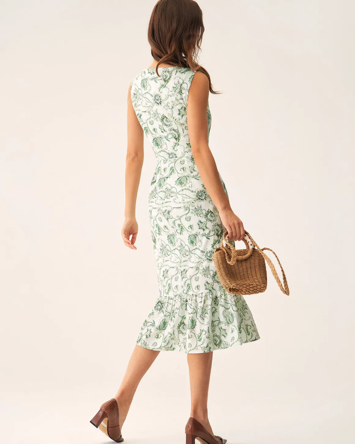 Green Floral Square Neck Midi Dress