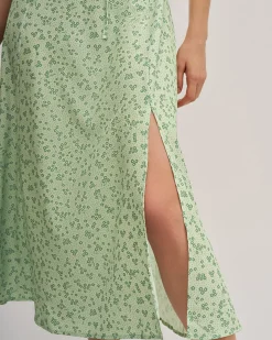 Green Floral Square Neck Puffed Sleeve Midi Dress
