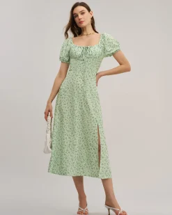 Green Floral Square Neck Puffed Sleeve Midi Dress