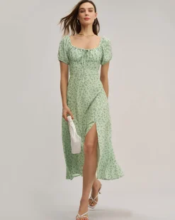 Green Floral Square Neck Puffed Sleeve Midi Dress