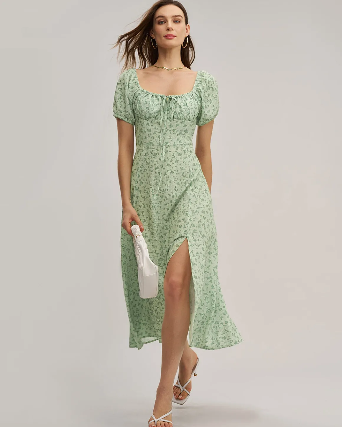 Green Floral Square Neck Puffed Sleeve Midi Dress