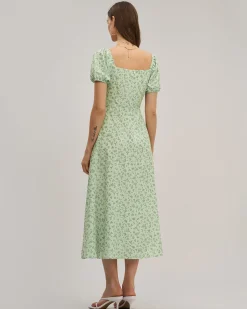 Green Floral Square Neck Puffed Sleeve Midi Dress