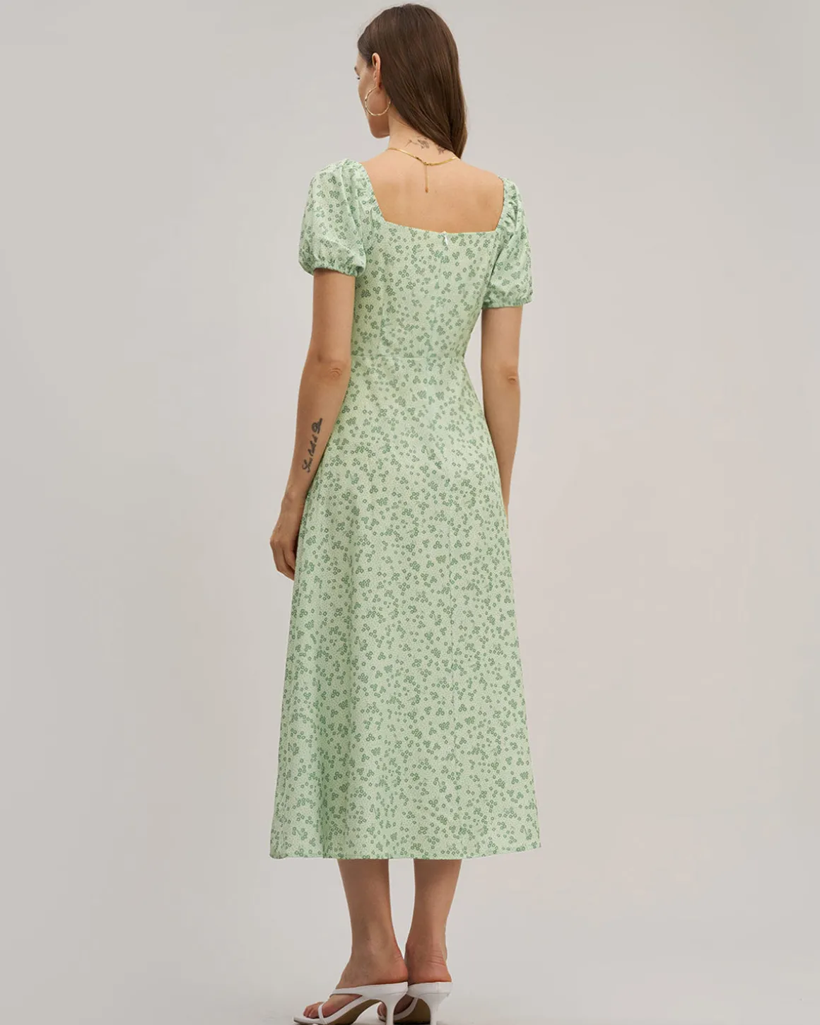 Green Floral Square Neck Puffed Sleeve Midi Dress