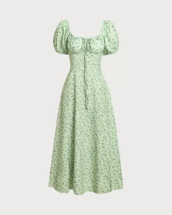 Green Floral Square Neck Puffed Sleeve Midi Dress