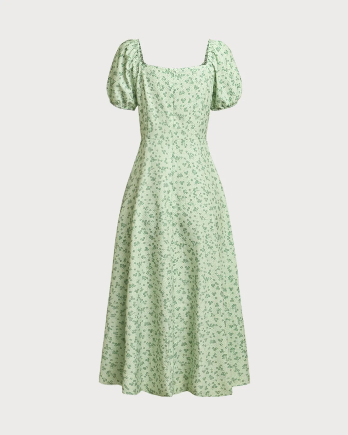 Green Floral Square Neck Puffed Sleeve Midi Dress