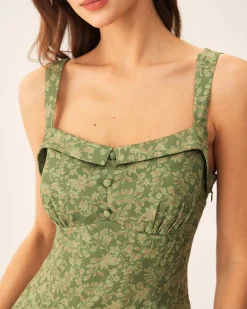 Green Floral Square Neck Slip Midi Dress