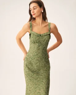 Green Floral Square Neck Slip Midi Dress