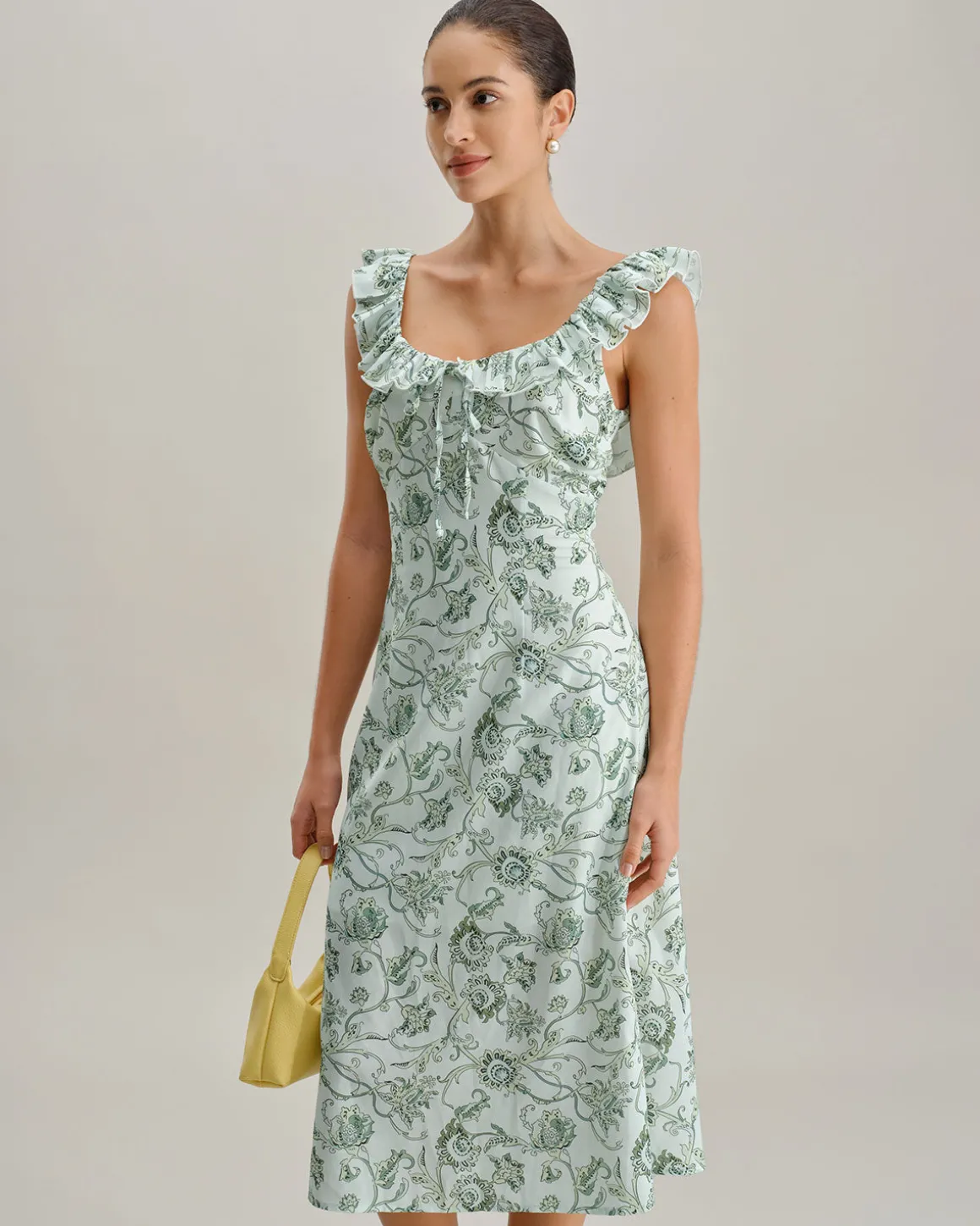 Green Floral Square Neck Ruched Midi Dress
