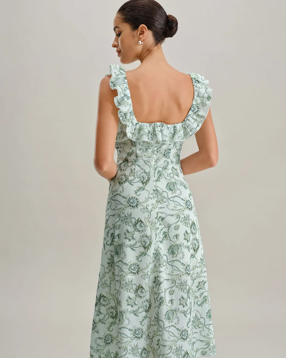 Green Floral Square Neck Ruched Midi Dress