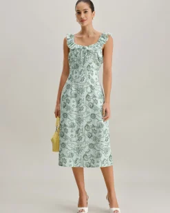 Green Floral Square Neck Ruched Midi Dress