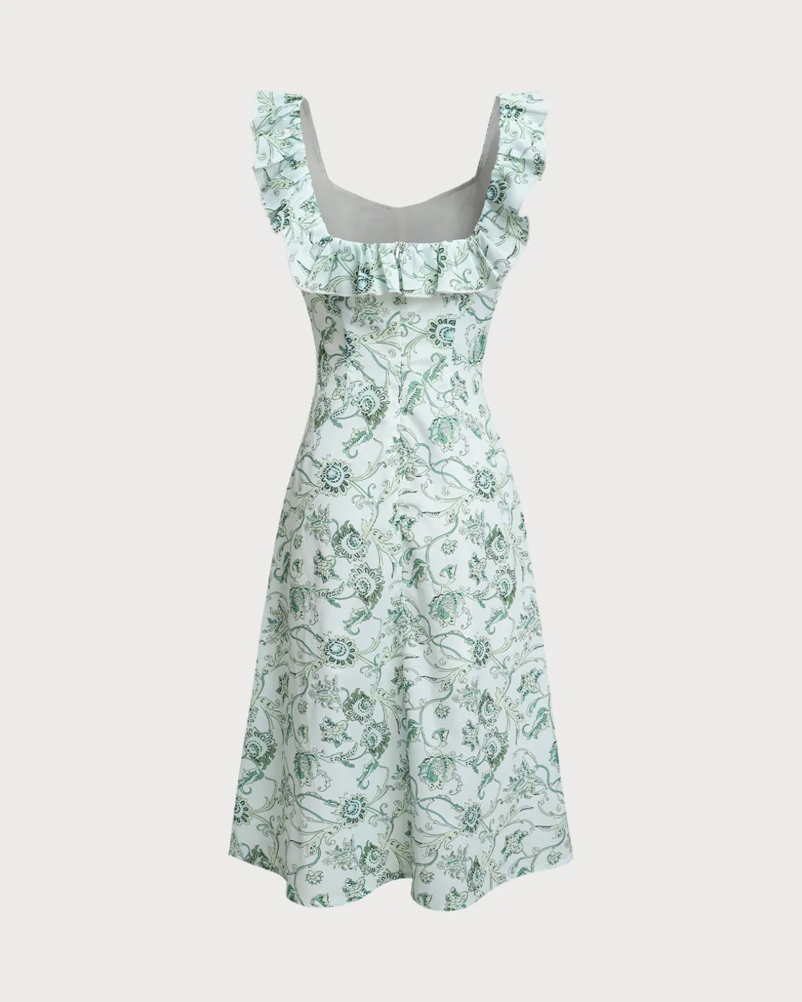 Green Floral Square Neck Ruched Midi Dress