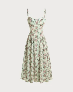 Green Floral Sweetheart Neck Pleated Slip Midi Dress