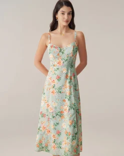 Green Floral Sweetheart Neck Slip Midi Dress