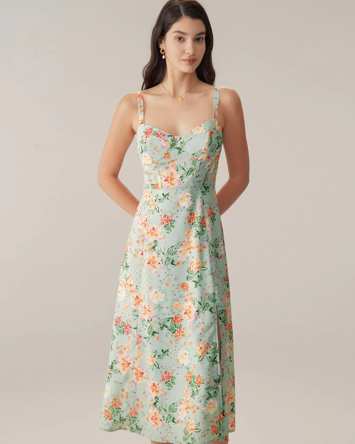 Green Floral Sweetheart Neck Slip Midi Dress