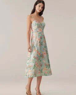 Green Floral Sweetheart Neck Slip Midi Dress
