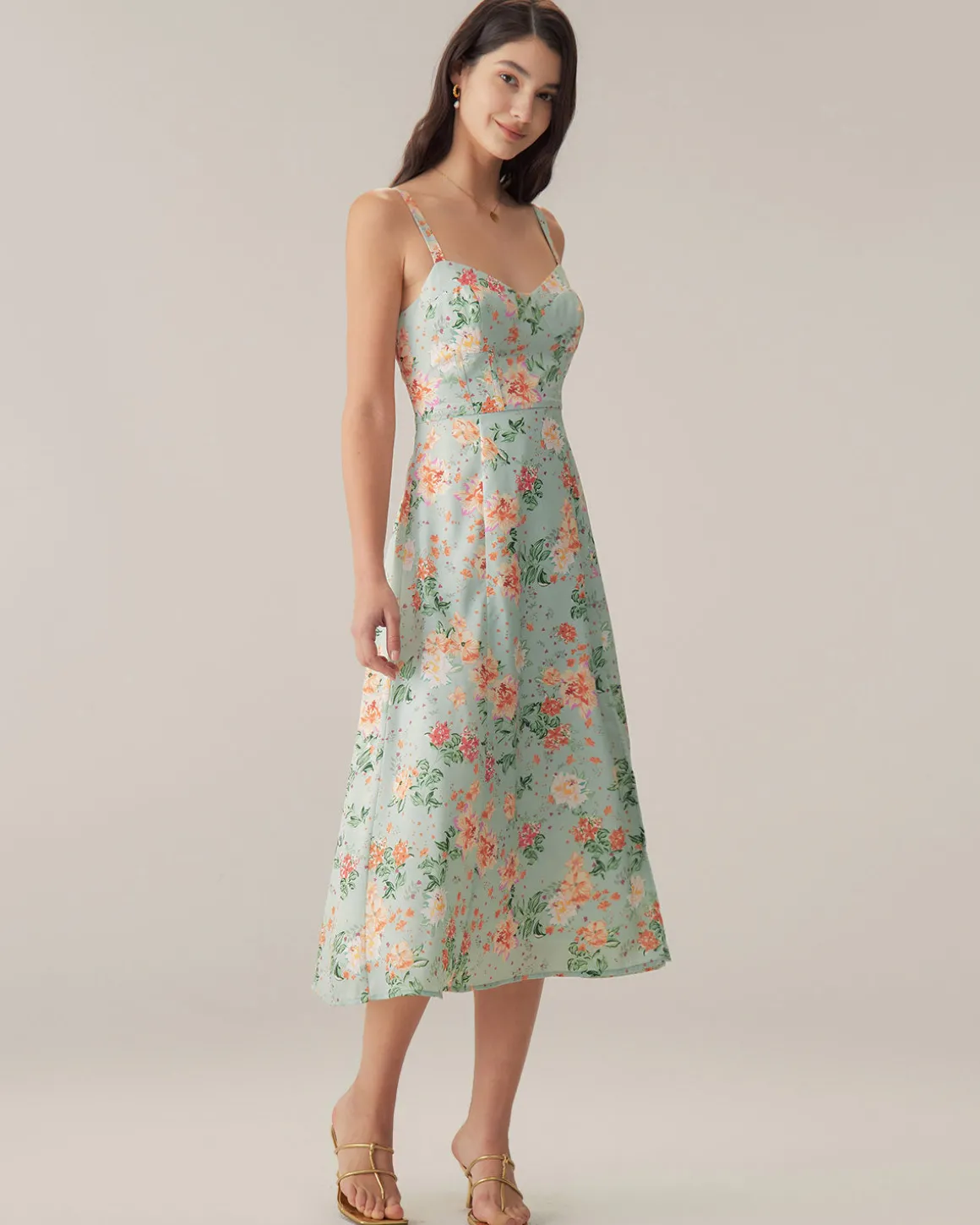 Green Floral Sweetheart Neck Slip Midi Dress